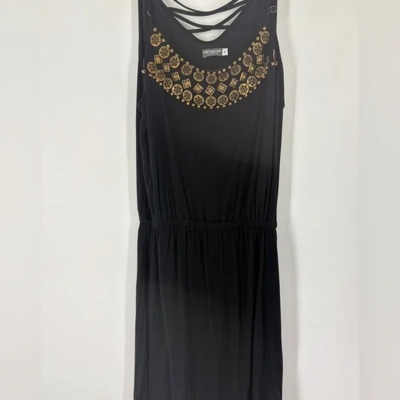 Earthbound Black Viscose Dress W/ Gold Accent Elastic Waist -Size medium - Picture 2 of 9